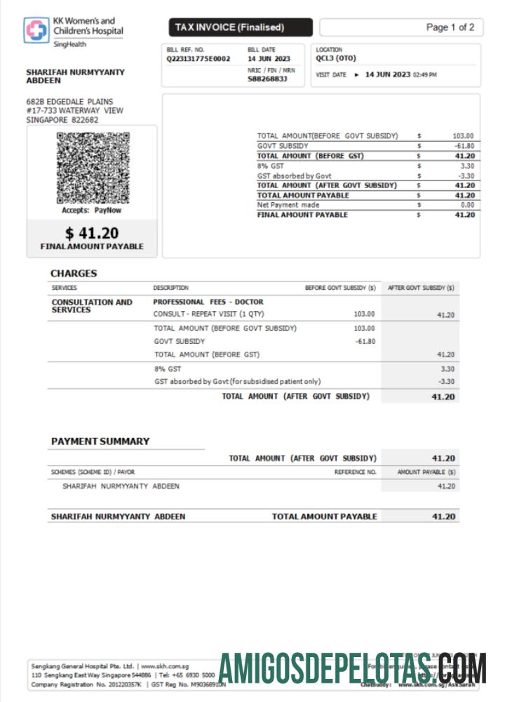 para download Modelo Word e PDF de fatura fiscal do hospital Singapore KK